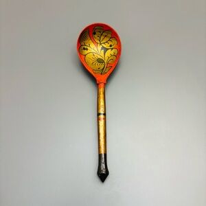 Vintage Khokhloma Wooden Spoon Handmade & Painted in Soviet Union Russian Art
